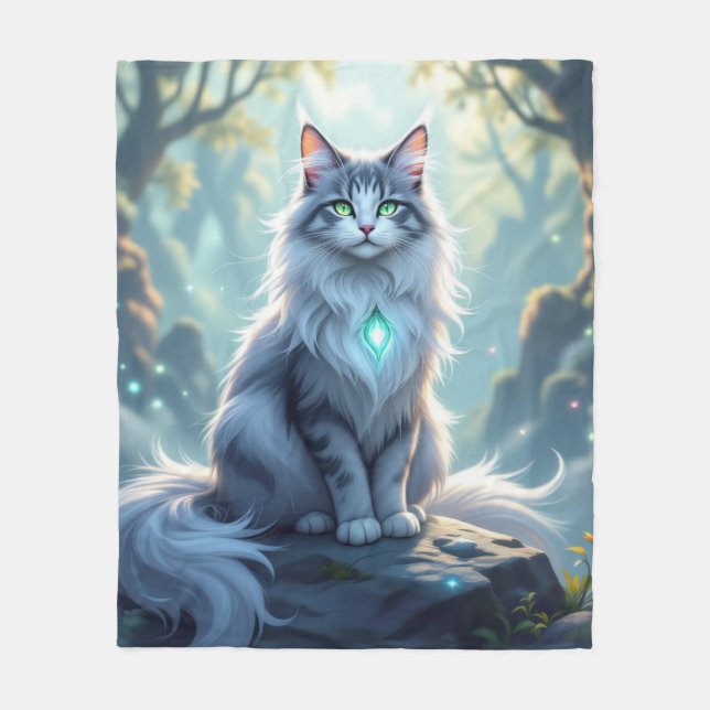 **Majestic Fantasy Cat with Mystical Aura – High F Fleece Blanket (Front)
