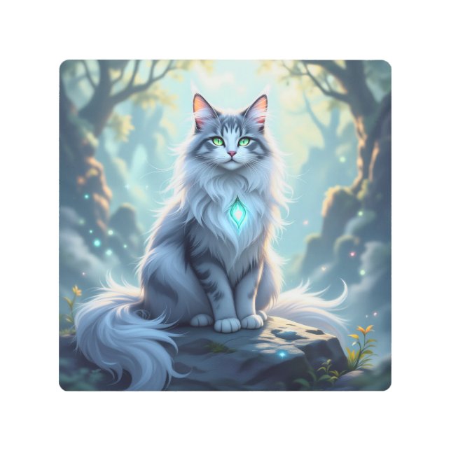 **Majestic Fantasy Cat with Mystical Aura – High F Metal Print (Front)