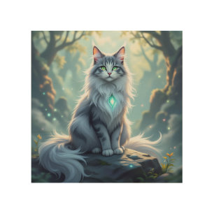 **Majestic Fantasy Cat with Mystical Aura – High F Wood Wall Art