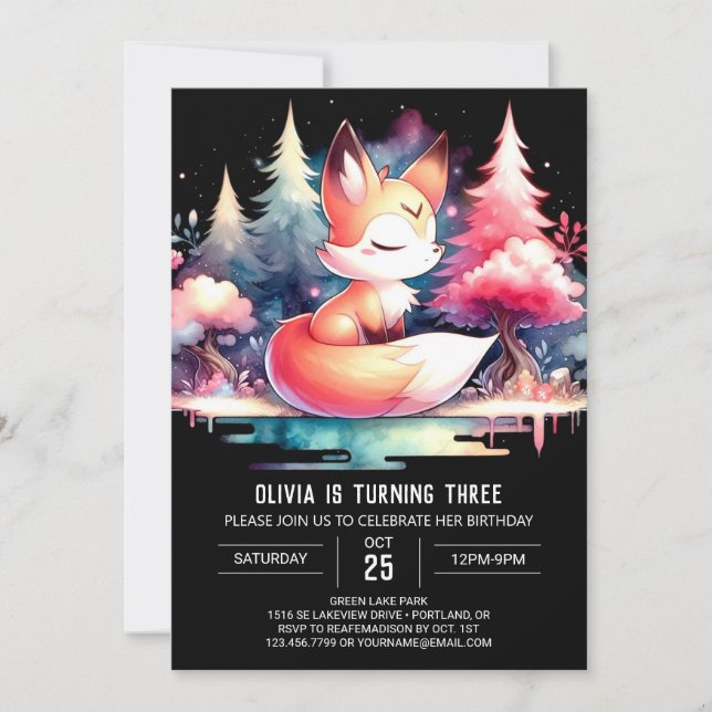 Majestic Fantasy Fox Birthday digital Invitation (Front)