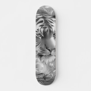 Majestic Fantasy Gray Scale Tiger Head & Florals Skateboard