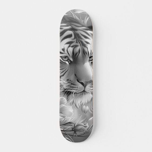 Majestic Fantasy Gray Scale Tiger Head & Florals  Skateboard (Front)