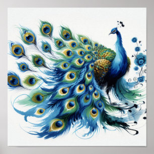 Majestic Feathers: Blue Peacock Digital Art Poster