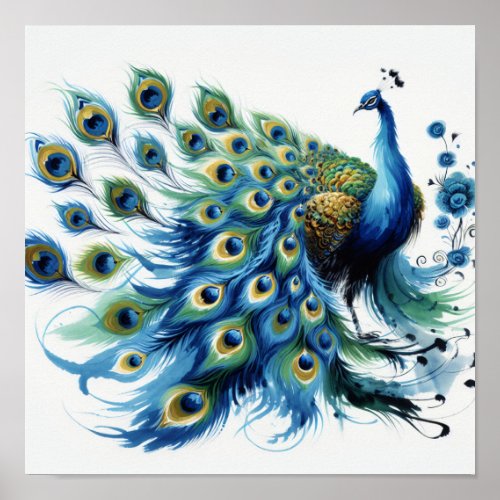 Majestic Feathers Blue Peacock Digital Art  Poster
