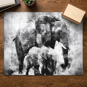 Majestic Female African Elephant with Calf B&W Jigsaw Puzzle