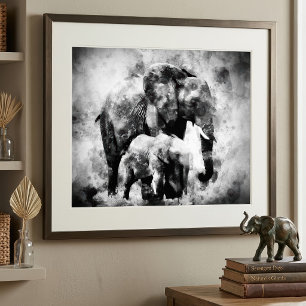 Majestic Female African Elephant with Calf B&W Photo Print