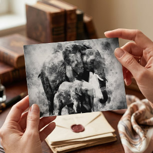 Majestic Female African Elephant with Calf B&W Postcard