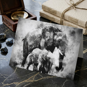 Majestic Female African Elephant with Calf B&W Thank You Card