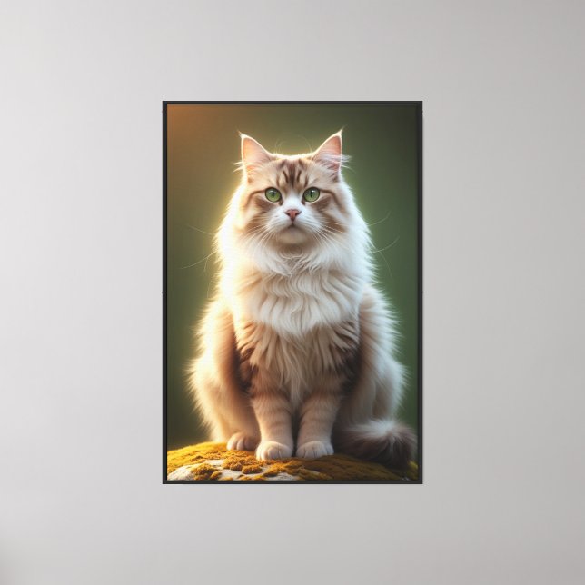 Majestic Fluffy Cat – Serene Green-Eyed Feline Canvas Print (Front)