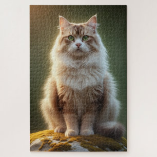Majestic Fluffy Cat – Serene Green-Eyed Feline Jigsaw Puzzle