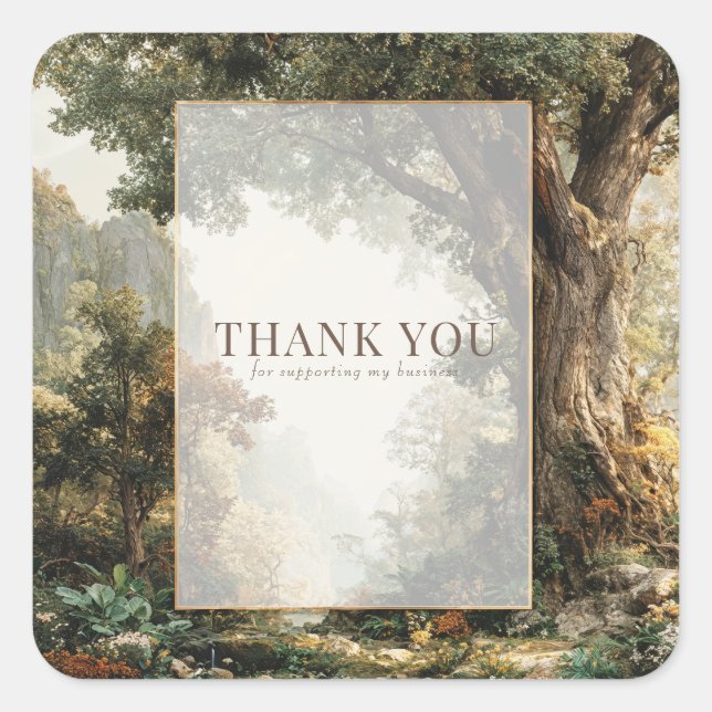 Majestic Forest Ancient Tree Gold Frame Landscape Square Sticker (Front)