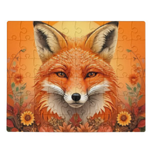 Majestic Fox Portrait Surrounded by Autumn Flowers Jigsaw Puzzle