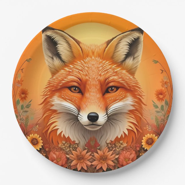 Majestic Fox Portrait Surrounded by Autumn Flowers Paper Plates (Front)