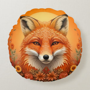 Majestic Fox Portrait Surrounded by Autumn Flowers Round Pillow