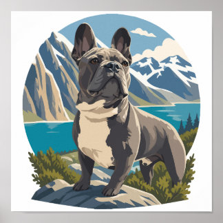 Majestic French Bulldog Mountain Lake Adventure Poster