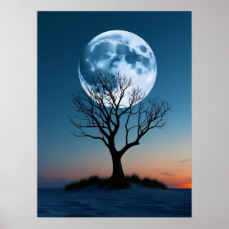 Majestic Full Moon Rising Behind a Leafless Tree Poster