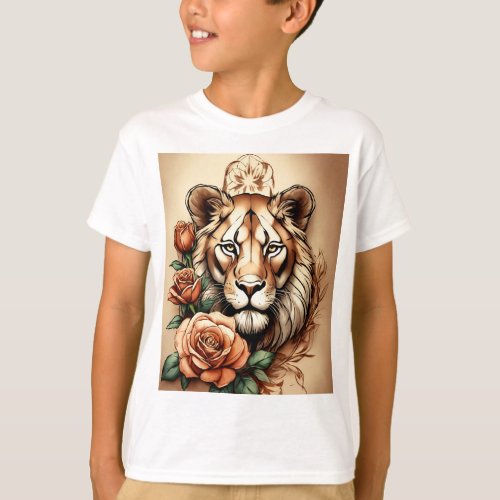 Majestic Fusion Lioness and Rose Tattoo Sketch T_ T_Shirt