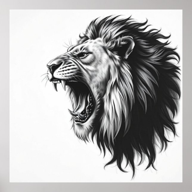 Majestic Gaze: Lion Face Charcoal Portrait Poster (Front)