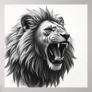 Majestic Gaze: Lion Face Charcoal Portrait Poster