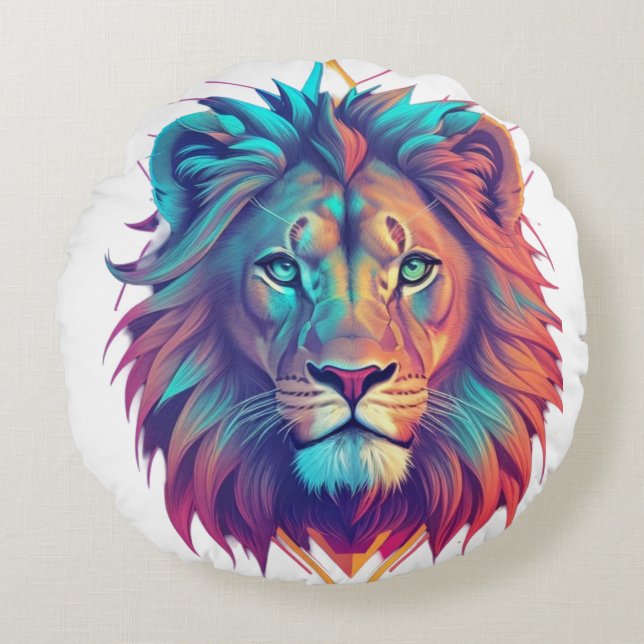 Majestic Geometric Lion T-Shirt Round Pillow (Front)
