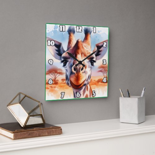 Majestic giraffe gazing over the African savanna Square Wall Clock