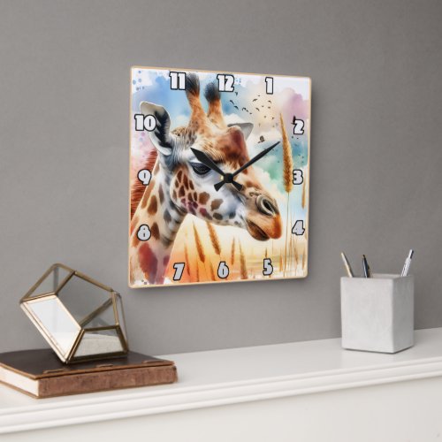 Majestic giraffe gazing over the African savannah Square Wall Clock