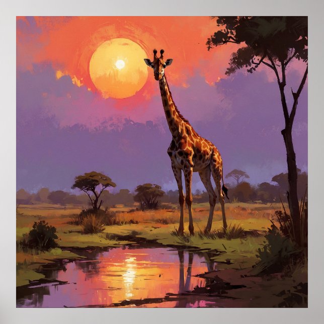 Majestic Giraffe in Wild during Sunset Painting Poster (Front)