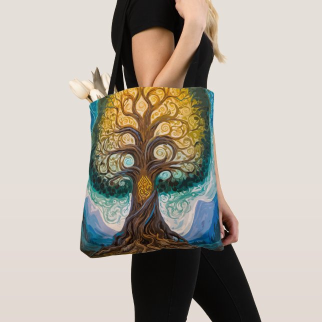 Majestic Glowing Yggdrasil Fantasy Tree Magic Tote Bag (Close Up)