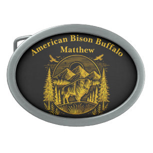 Majestic Gold Buffalo in Mountain Landscape Belt Buckle