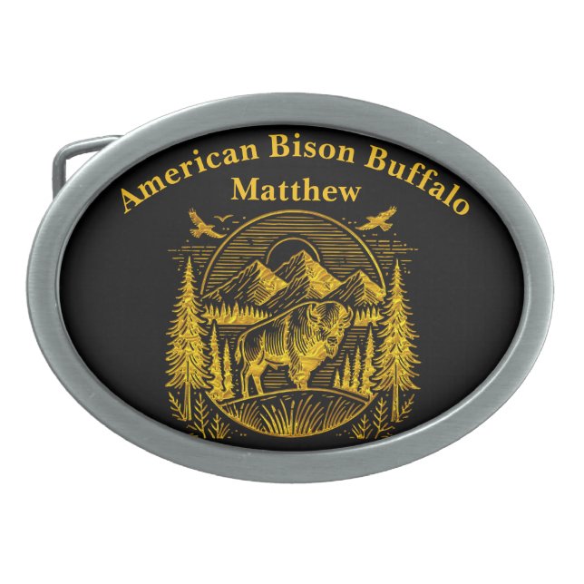 Majestic Gold Buffalo in Mountain Landscape Belt Buckle (Front)