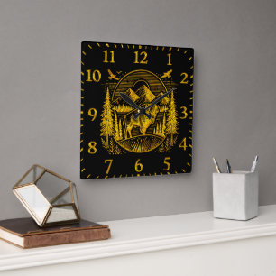 Majestic Gold Buffalo in Mountain Landscape Square Wall Clock