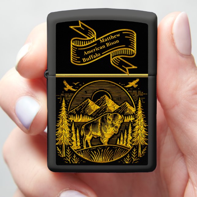 Majestic Gold Buffalo in Mountain Landscape Zippo Lighter (In Hand)