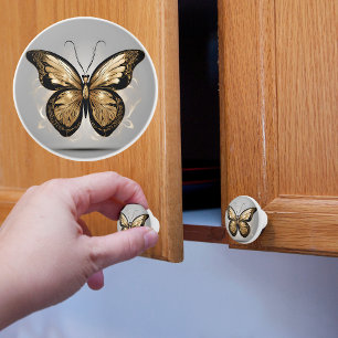 Majestic Gold Butterfly on Gray Ceramic Knob