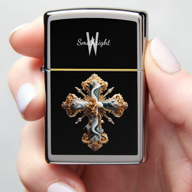 Majestic Gold Cross Gleaming on White Zippo Lighter (In Hand)