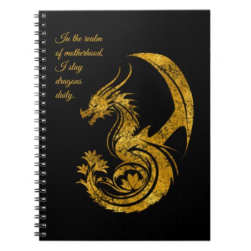 Majestic gold dragon with flower on black notebook
