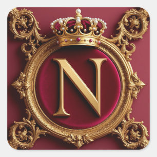 Majestic Gold Monogram With Crown On Regal Velvet Square Sticker