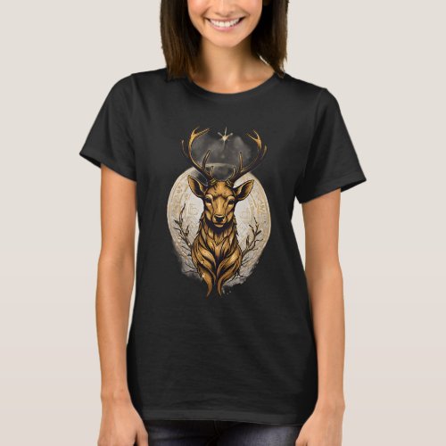 Majestic Golden Deer Design T_Shirt