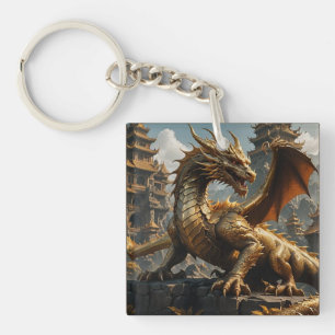 Majestic Golden Dragon Fantasy Guardian Art  Keychain