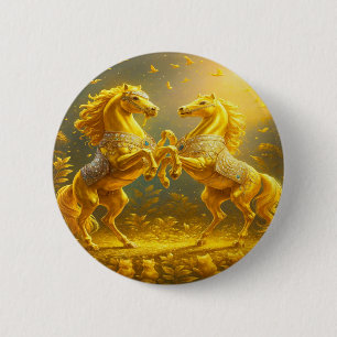 Majestic Golden Horses Dancing in Enchanted Sunset Button