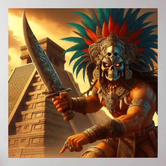 Majestic Golden-Hued Dynamic Aztec Warrior Poster (Front)