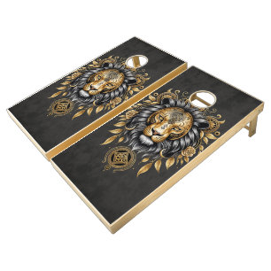 Majestic golden lion head with black mane. cornhole set