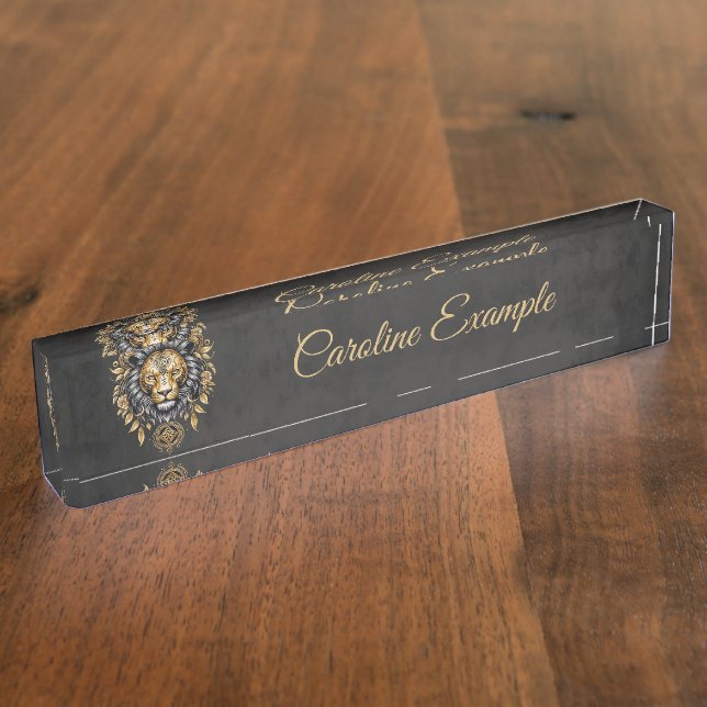 Majestic golden lion head with black mane.  desk name plate (Side)
