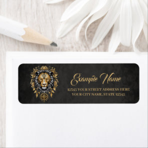 Majestic golden lion head with black mane. Fine ar Label
