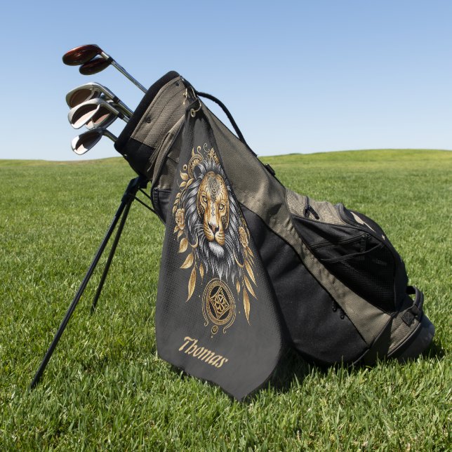 Majestic golden lion head with black mane. golf towel (Green)