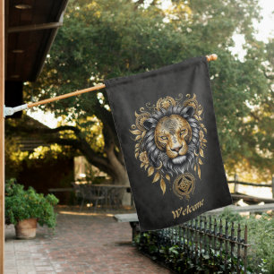 Majestic golden lion head with black mane. house flag