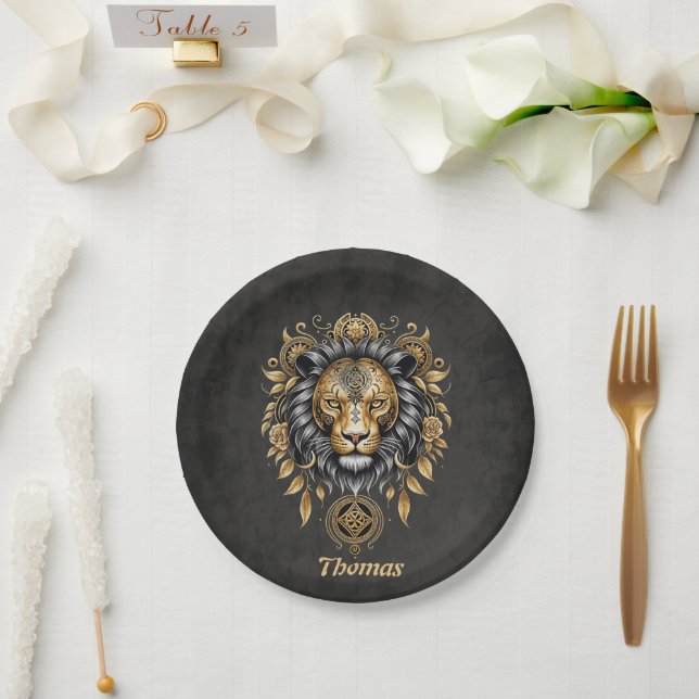 Majestic golden lion head with black mane. paper plates (Wedding)