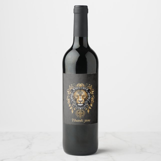 Majestic golden lion head with black mane. wine label (Front)