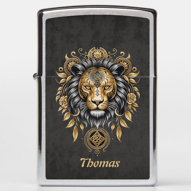 Majestic golden lion head with black mane. zippo lighter (Front)
