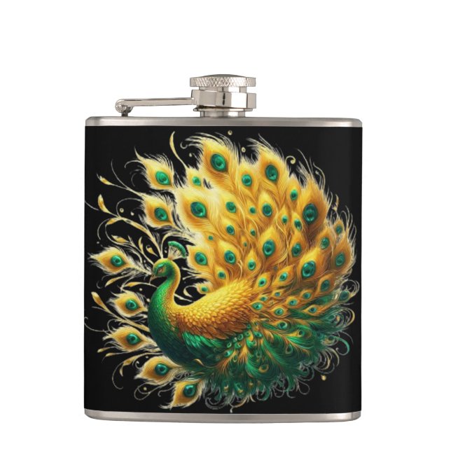 Majestic Golden Peacock Elegance Flask (Front)