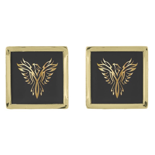 Majestic Golden Phoenix Black Gold Gold Finish  Cufflinks (Front)